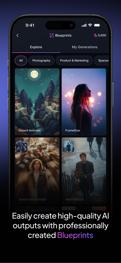 Interface de l'application mobile Leonardo.Ai montrant des plans de style d'image IA professionnels pour une génération de haute qualité.