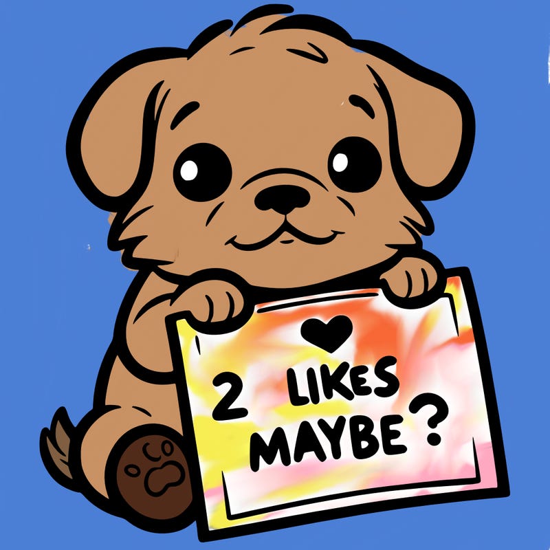 a puppy holding a sign that says 2 likes maybe?