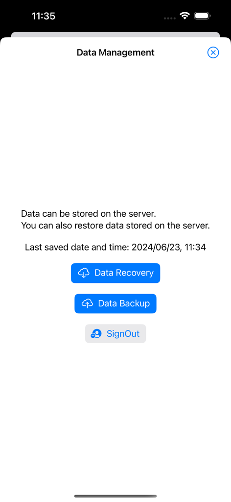レシピ計算機 - Recipe Calculator app data management screen showing backup and recovery options