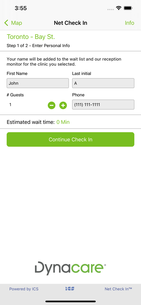 Pantalla de la aplicación Dynacare para ingresar información personal y unirse a una lista de espera virtual de la clínica.