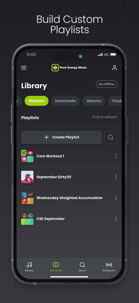 Pure Energy Music - Pure Energy Musicアプリのインターフェース。カスタムワークアウトプレイリストを持つユーザーライブラリを表示