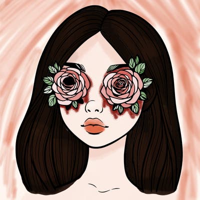 a realistic girl with roses for eyes