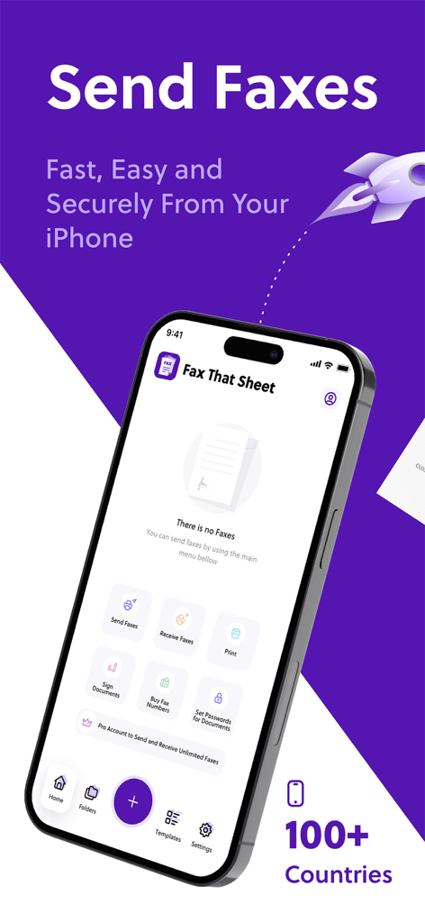 FAX ® - Um iPhone exibindo a interface do aplicativo Fax That Sheet com opções para enviar faxes e assinar documentos.