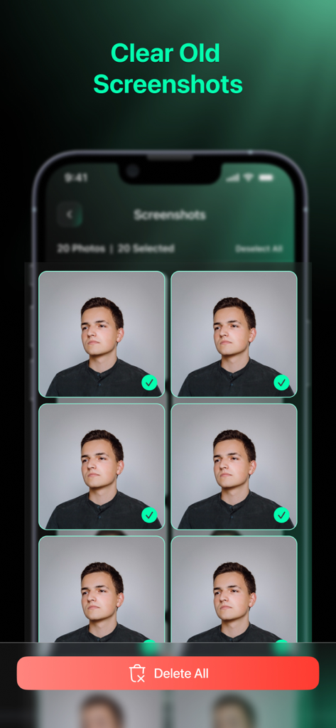 AIClean: Photo Storage Cleaner - Interface of the AIClean app showing multiple screenshots selected for deletion with a red delete all button