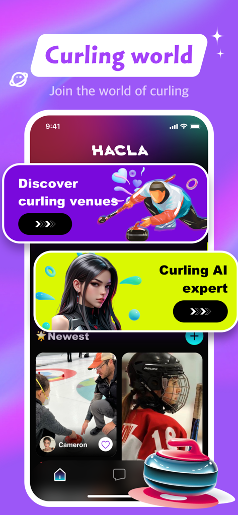 Hacla - Adult, Chat, Connect - Hacla app screenshot featuring a curling sports social feed with expert advice and venue discovery