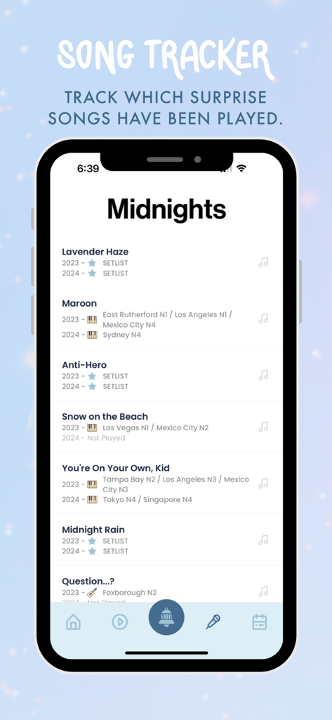 Swift Alert - A screenshot of the Swift Alert app displaying the Song Tracker feature with a list of songs from the Midnights album and their performance dates.