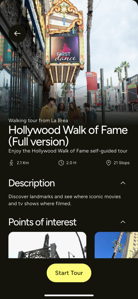 Hollywood Walk of Fame self-guided walking tour details on the Be Your own Guide app interface.