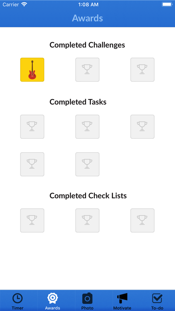 Awards screen of the Unfilth Your Habitat app showing unlocked and locked achievement badges for completed cleaning challenges and tasks.
