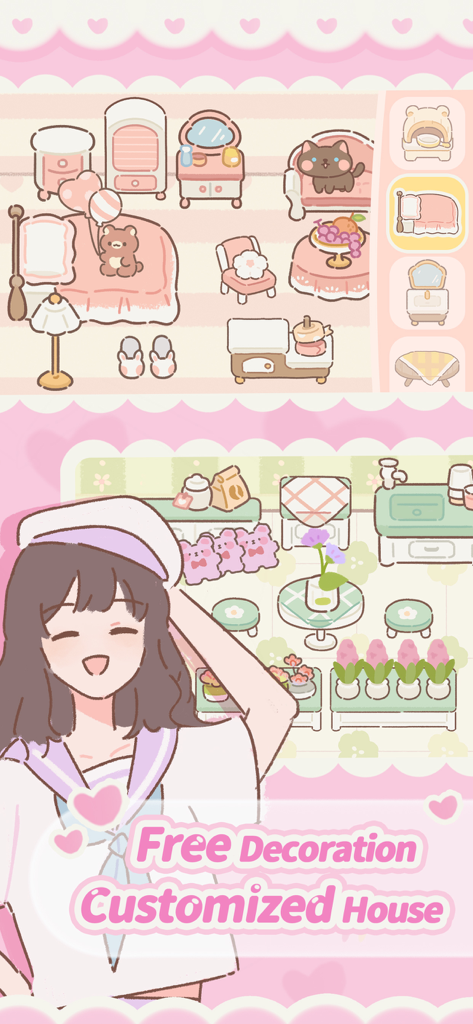 Purrfect Tale - Purrfect Tale Spielbildschirm, der ein pinkes Schlafzimmer und einen grünen Garten mit einer weiblichen Figur zur Hausdekoration zeigt