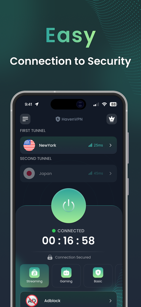 VPN - Top Fast VPN - Interface of the Top Fast VPN app showing a secure connection with server tunnels in New York and Japan