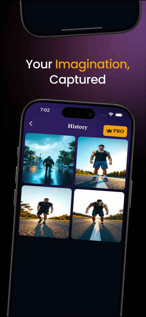 AI Image,Photo & Art Generator - AI画像ジェネレーターアプリの履歴画面。シネマティックな屋外設定で筋肉質な男性が登場する生成された画像のギャラリーを表示
