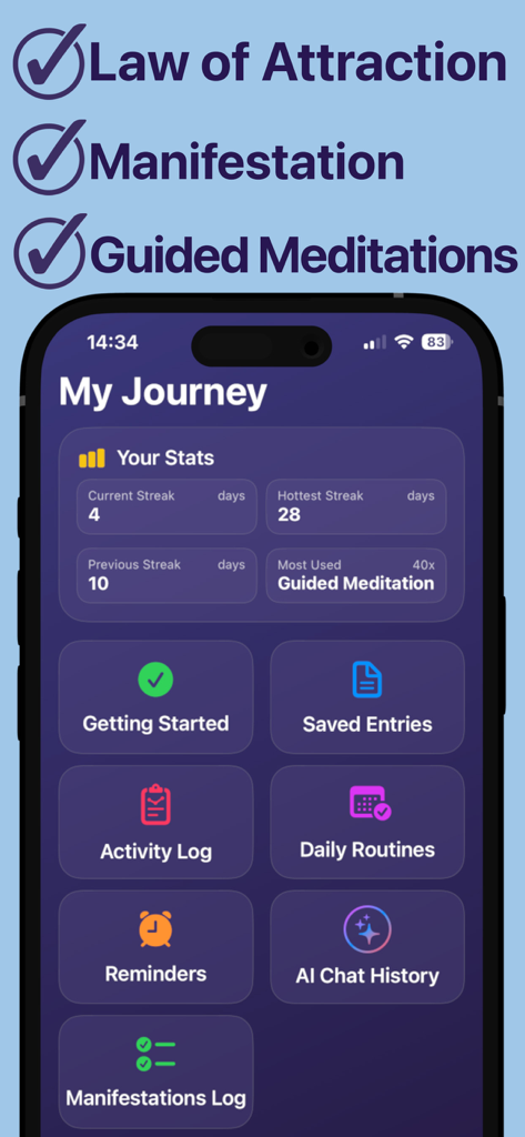 引き寄せの法則ツールボックスアプリ。濃い紫色のダッシュボードにユーザーの旅の統計と毎日の引き寄せツールが表示されています。