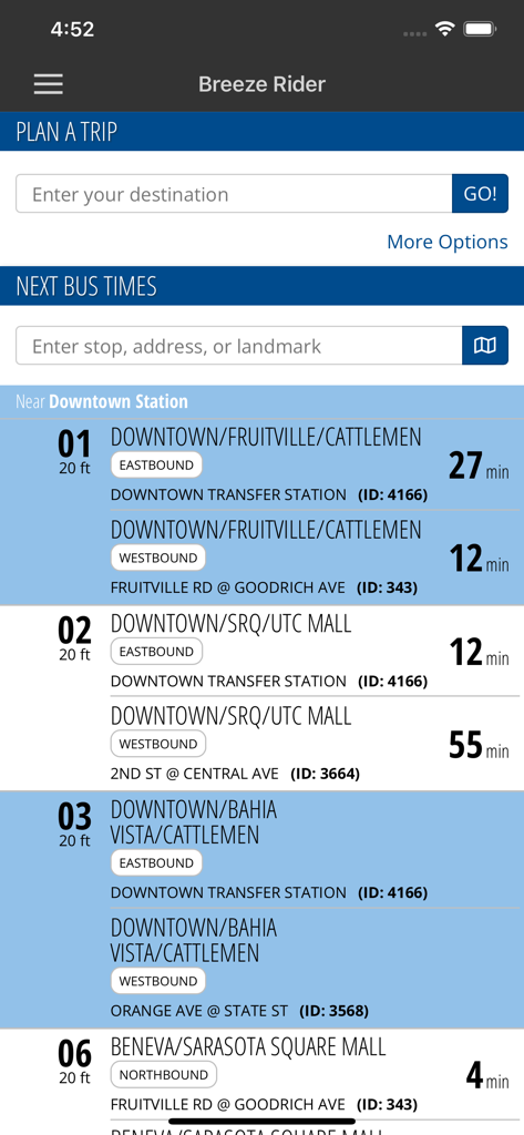 Breeze Rider - Breeze Rider app interface showing real-time bus arrival times and a trip planning search bar for Sarasota transit