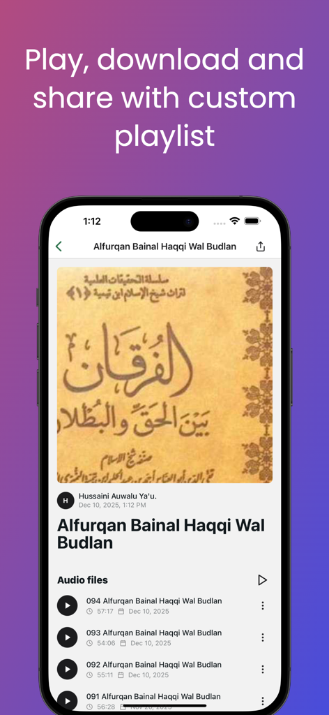 Interface of Darulfikr Pro app displaying a list of Islamic audio lectures in Hausa with play and download options.