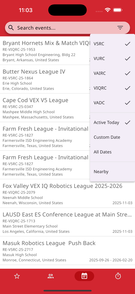 VEX via - VEX via app screen displaying a list of robotics events and filter menu