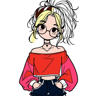 girl with a messy ponytail glasses a baggy crop top and jean shorts