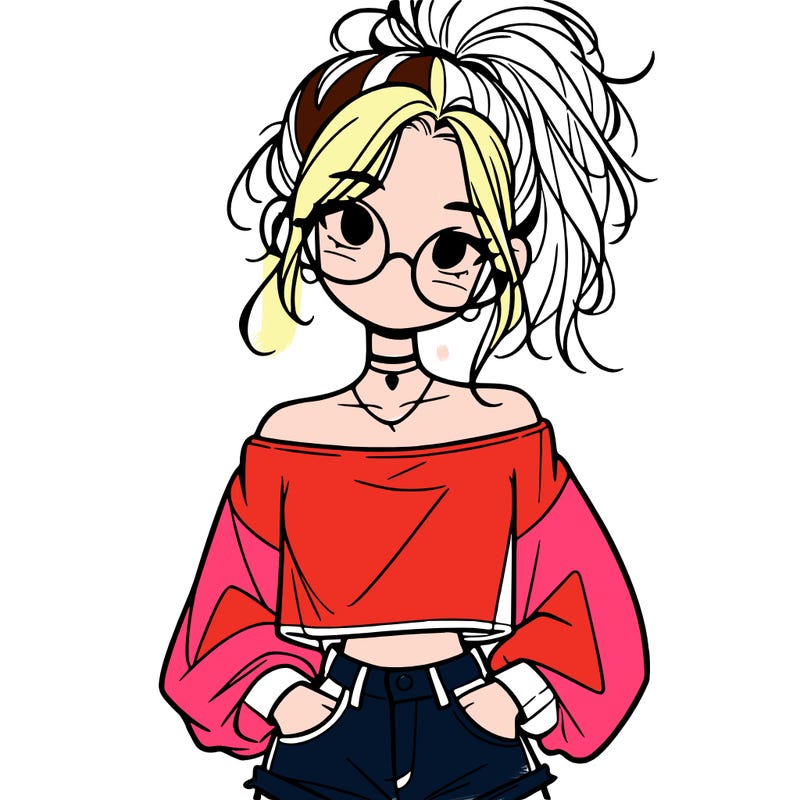 girl with a messy ponytail glasses a baggy crop top and jean shorts