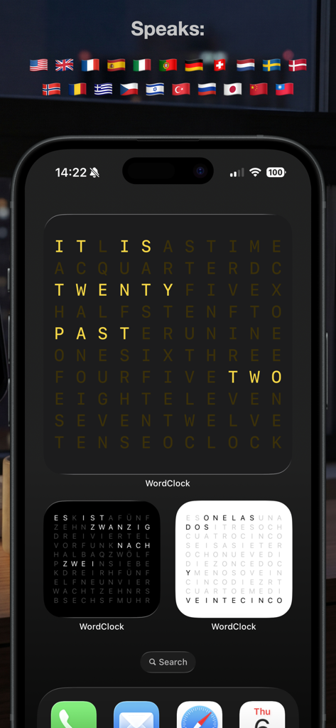 iPhone home screen showing WordClock widgets in English, German, and Spanish with international flags above.