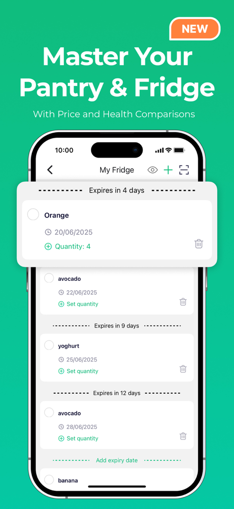 WiseList app interface showing the My Fridge feature with grocery items and expiration date tracking