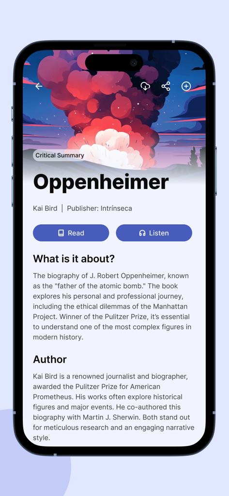 Screenshot der 12min-App mit einer Buchzusammenfassung für Oppenheimer mit Lese- und Höroptionen