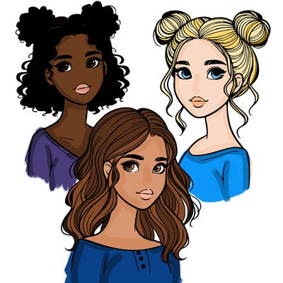 3 realistic girls one with curly buns at the top of her head two with shoulder length hair