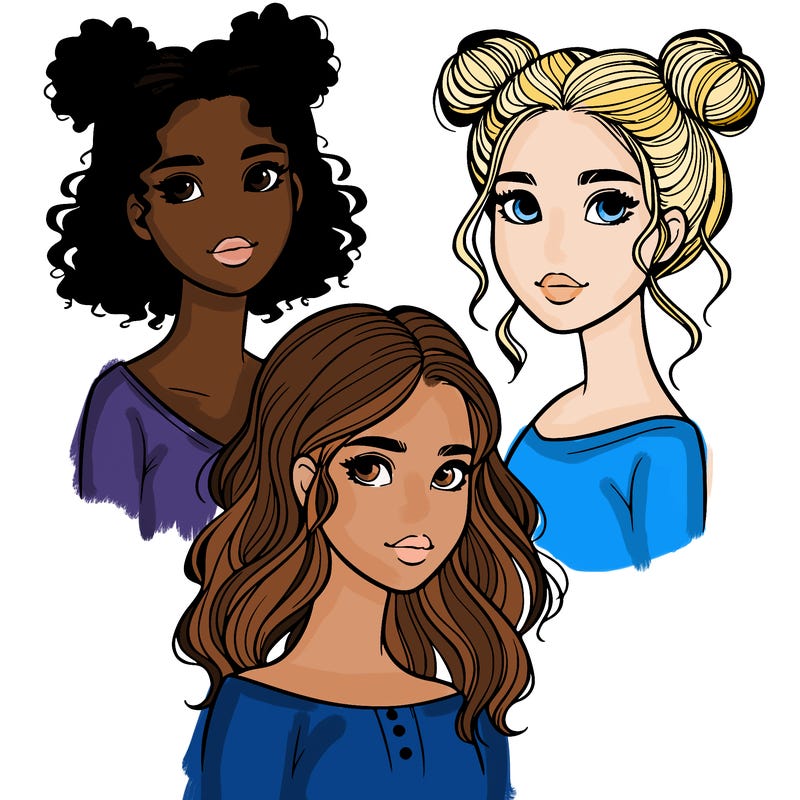 3 realistic girls one with curly buns at the top of her head two with shoulder length hair