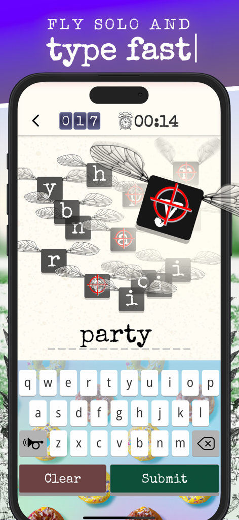 Qwert - The Typing Word Game - A screenshot of the Splat solo survival mode in Qwert showing flying winged letters and a custom keyboard with a donut background.