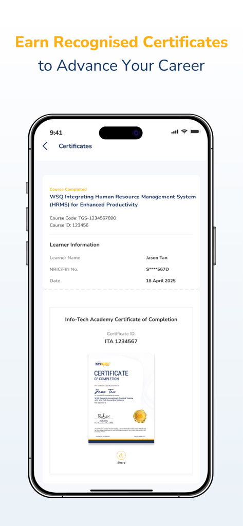 Digital certificate of completion for a professional WSQ course on the Infotech Academy mobile app