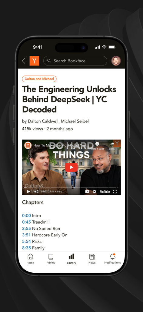 Y Combinator - Y Combinator app interface showing a startup school video with Dalton Caldwell and Michael Seibel including video chapters