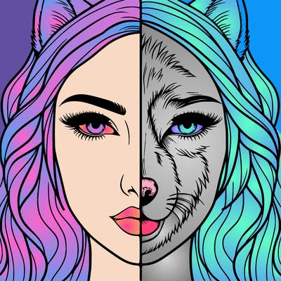 split face realistic woman and wolf