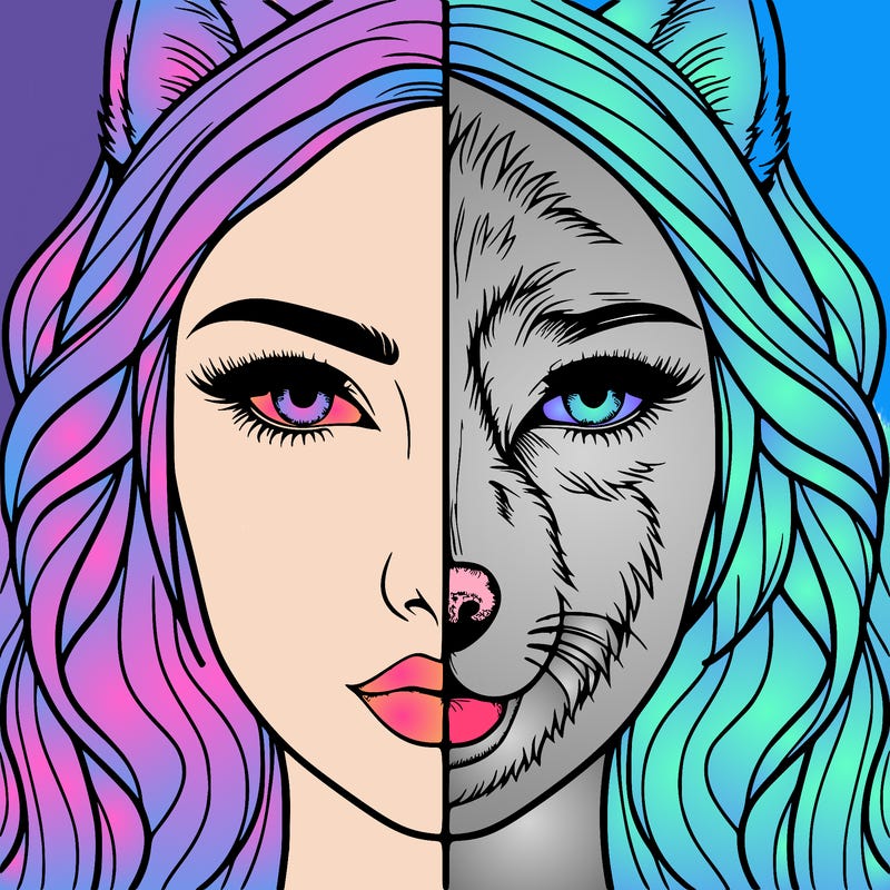 split face realistic woman and wolf