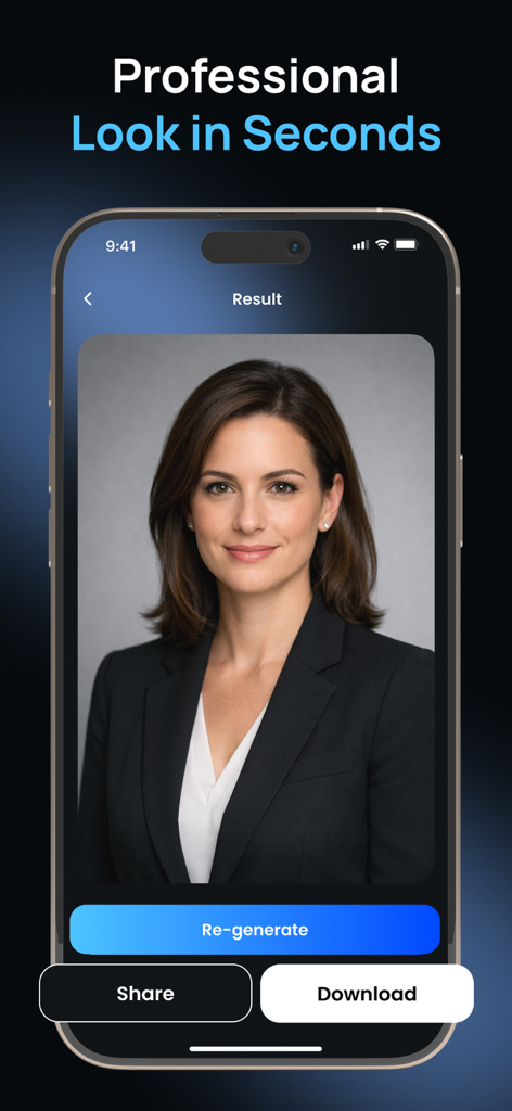 Pixoo-AI Photo&Video Generator - A smartphone displaying a professional AI-generated headshot for business profiles.