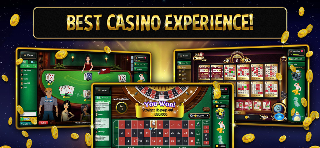 Vegas World Casino - Un collage présentant différents jeux de casino sociaux de Vegas World, comme le poker, la roulette et le bingo, avec des avatars personnalisés.