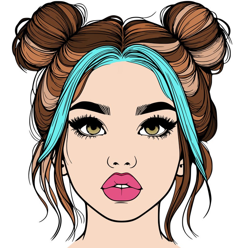 realistic girl with two buns on her hair and lips