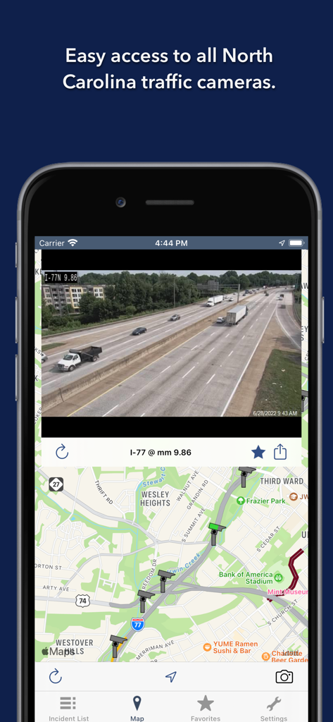 Mobile app interface showing a live traffic camera view of I-77 and a local road map of Charlotte North Carolina.