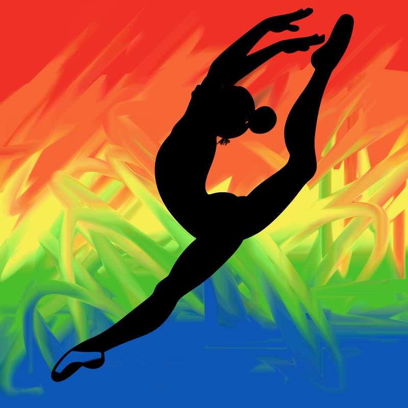 gymnast doing a leap in a leotard with a bent back leg