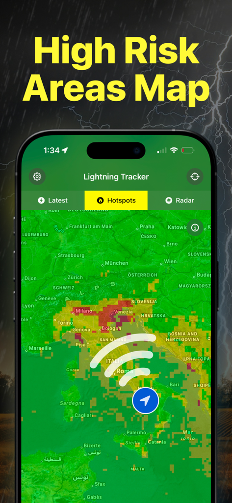 Lightning Tracker & Live Radar - A high risk areas map on the Lightning Tracker app showing weather hotspots and strike frequency