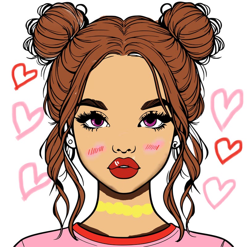 realistic girl with two buns in hair and lips