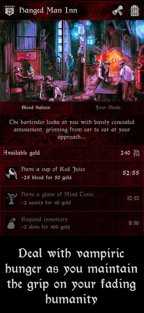 Grim Omens - Old School RPG - Uma cena desenhada à mão da Pousada do Homem Enforcado em Grim Omens RPG com opções de menu para comprar sangue e sanidade.