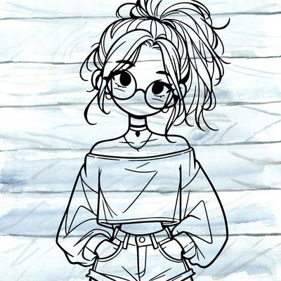 girl with a messy ponytail glasses a baggy crop top and jean shorts
