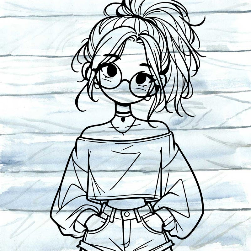girl with a messy ponytail glasses a baggy crop top and jean shorts