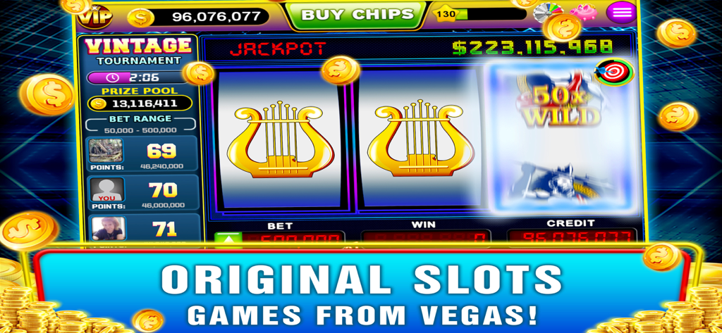 ビンテージスロットモバイルゲームのクラシックなスロットマシンインターフェース。トーナメントリーダーボードと金貨が表示されています