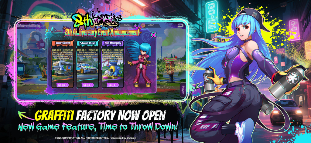 KOF'98 UM OL 8th Anniversary Event Announcement showing the Graffiti Factory feature and game modes