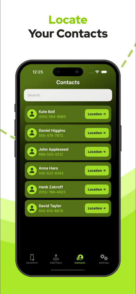 A smartphone interface showing the contacts screen of the Phone Locator app with options to track individual family members.