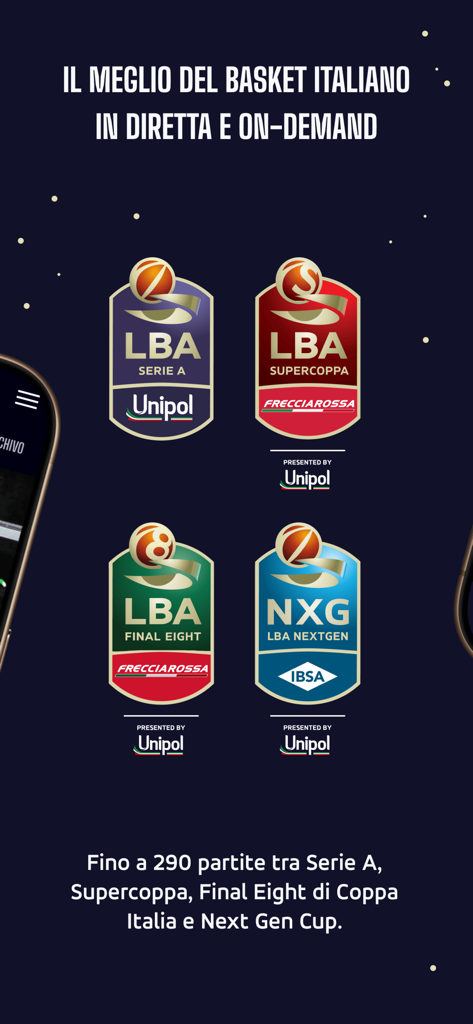 LBATV 앱 화면에 LBA 세리에 A, 수페르코파, 파이널 에이트, 넥스트젠 농구 대회 로고가 표시됩니다.