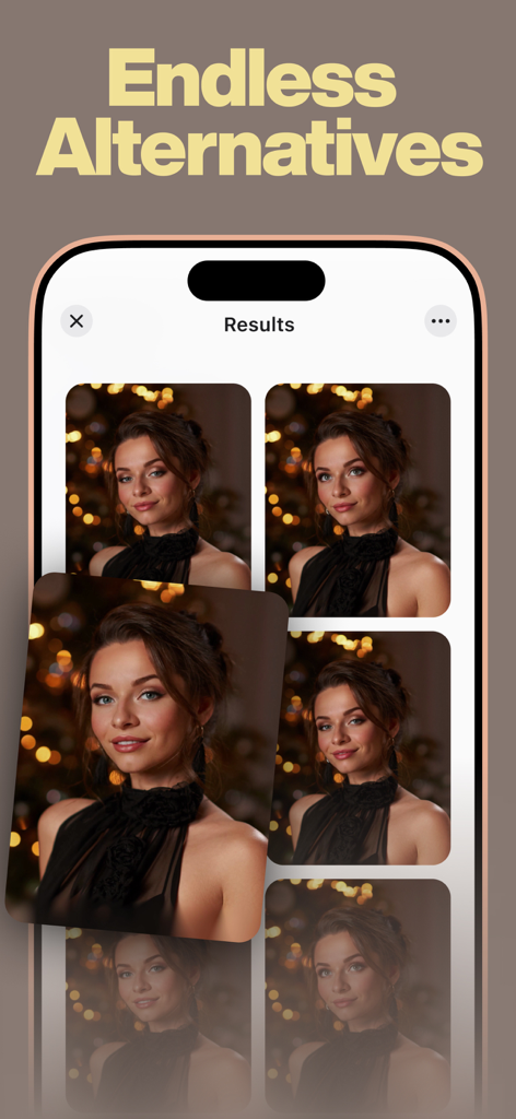 reshoot: AI Face & Hair Editor - A smartphone interface showing multiple AI-generated portrait variations with different facial expressions under the heading Endless Alternatives
