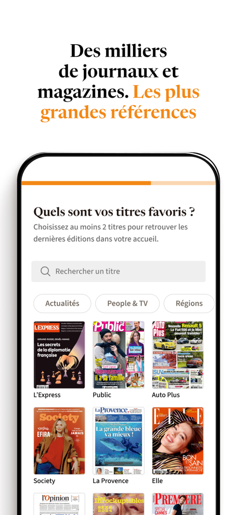 Interfaz de quiosco digital mostrando portadas de varias revistas francesas como Elle y L Express