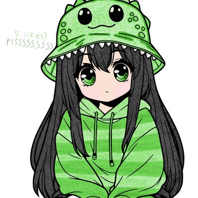 girl with anime shaped eyes with a dinosaur bucket hat oversized sweatshirt long straight hair
