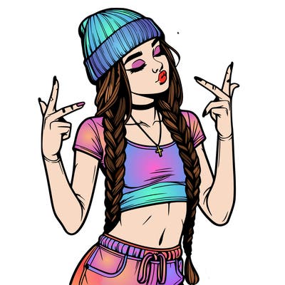 realistic teenage girl with braids and a beanie and crop top doing 🫶🏼