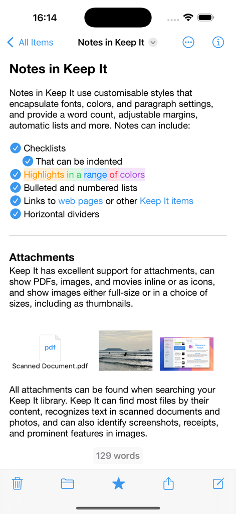 Keep It Mobile - Interfaz de la aplicación Keep It Mobile mostrando una nota con listas de verificación, resaltados de color y archivos adjuntos.